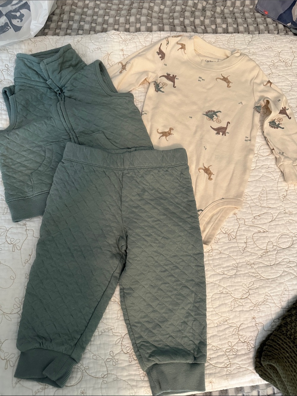 Carter's Green Quilted 3-Piece Matching Set with Dinosaur Print Bodysuit